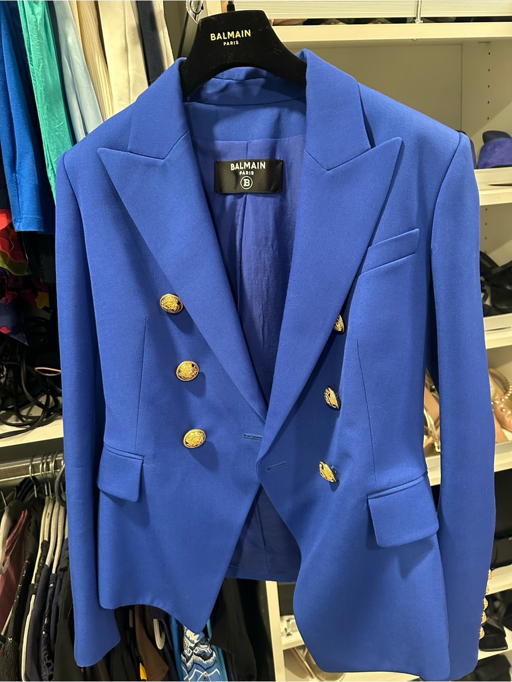 Balmain Double-Breasted Blazer in Bright Blue with Gold Buttons